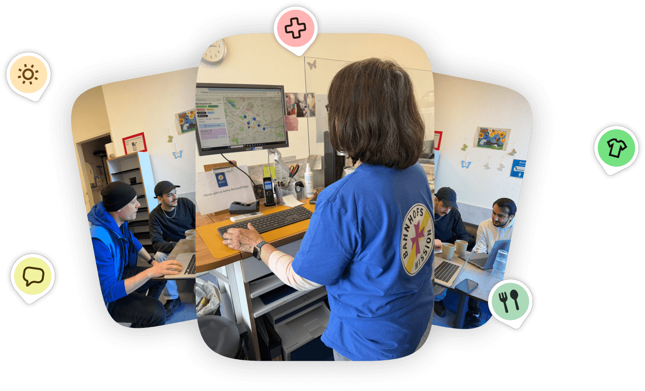 Illustration von Menschen, die verschiedene Hilfsangebote nutzen